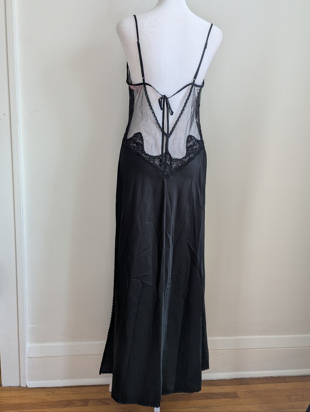 Victorias Secret Backless Black Satin Lace Maxi Slip Dress M